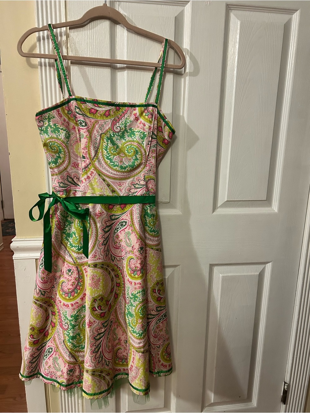 Robbie Bee Pink and Green Paisley Sundress with Green Satin Waist Tie